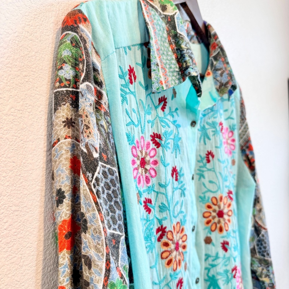 Boho Embroidered Patchwork Button Front Tunic Shi… - image 3